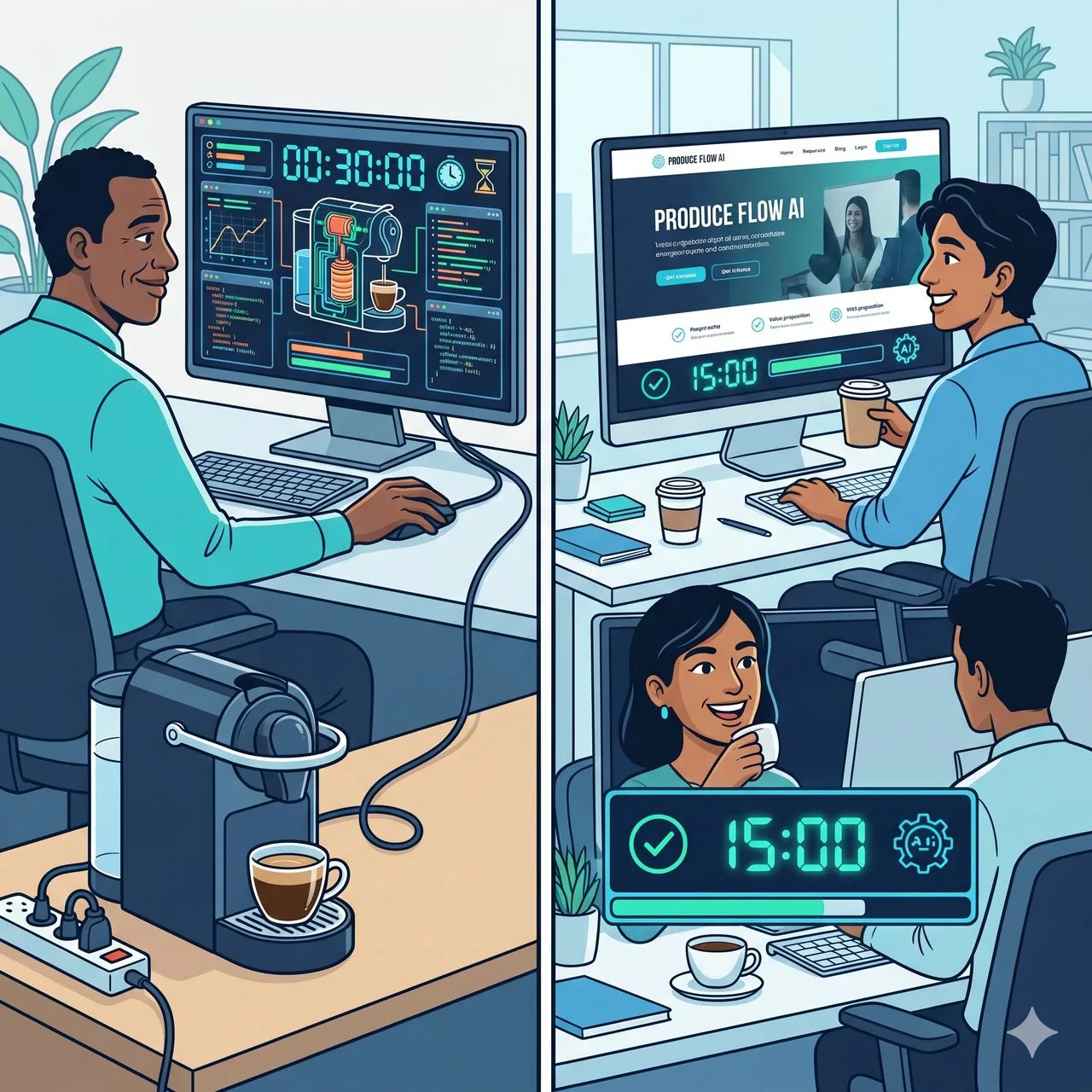 Due scene a confronto: a sinistra una persona al computer con un timer a 30 minuti, a destra un team sorridente con un timer a 15 minuti.