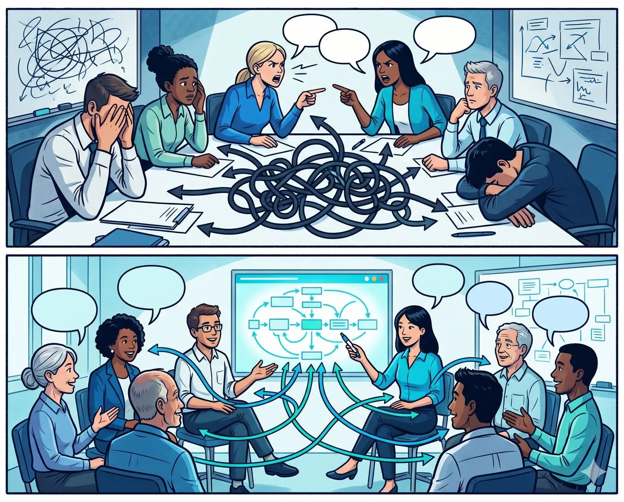 Due scene a confronto: in alto un team in riunione tra discussioni e fili aggrovigliati, in basso lo stesso team che collabora intorno a un diagramma di flusso ordinato.