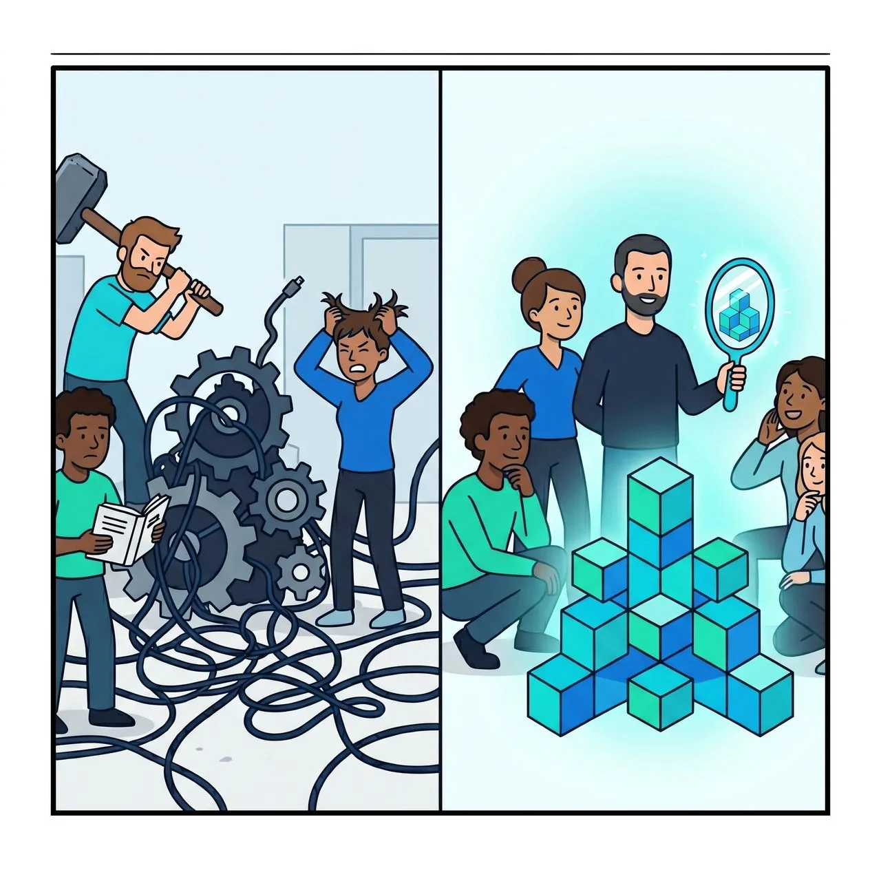 Two scenes compared: on the left developers struggling with gears and tangled cables, on the right a team calmly looking at a tidy structure of modules.