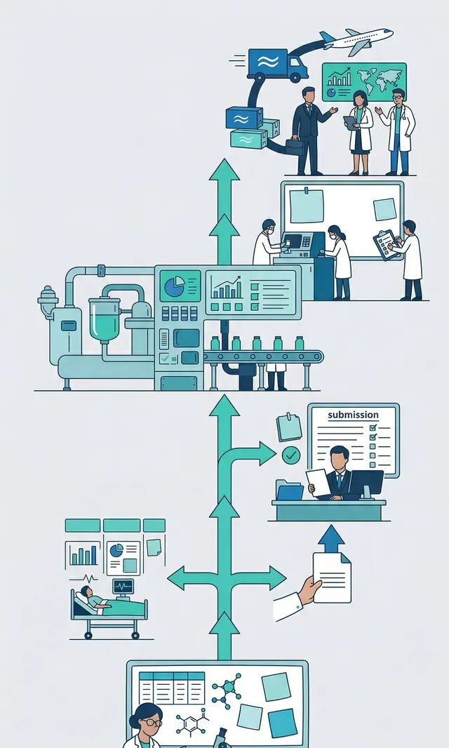Illustration of a vertical flow running through the laboratory, production and distribution of a regulated company.